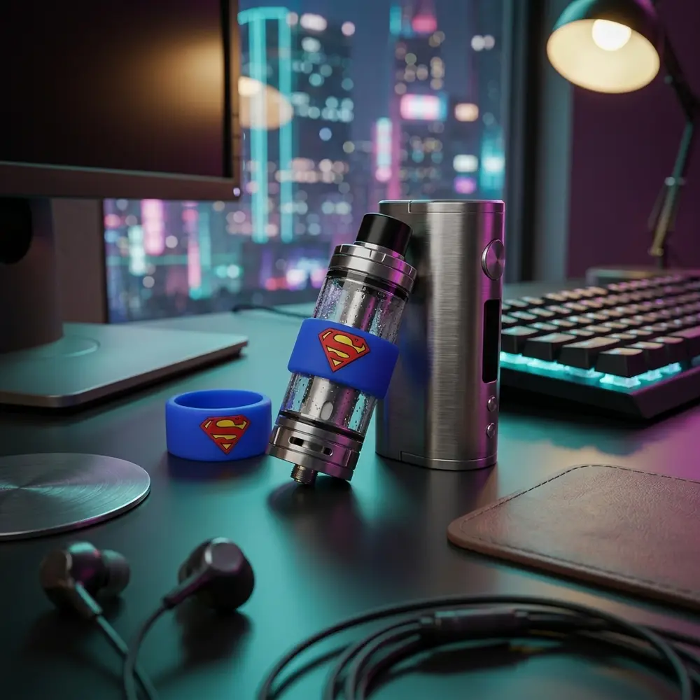 Vape Band Vapor Gringo no atomizador sobre mesa gamer com teclado RGB e janela urbana ao fundo - Vapor Gringo