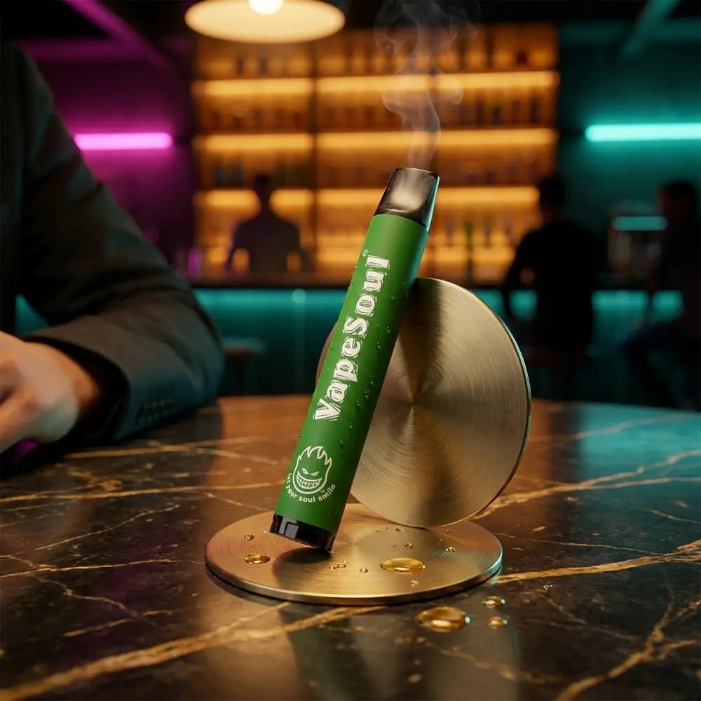 Pod Vapesoul Apple Champagne apoiado em mármore escuro num lounge luxuoso, fundo desfocado com luzes âmbar e neon - Vapor Gringo