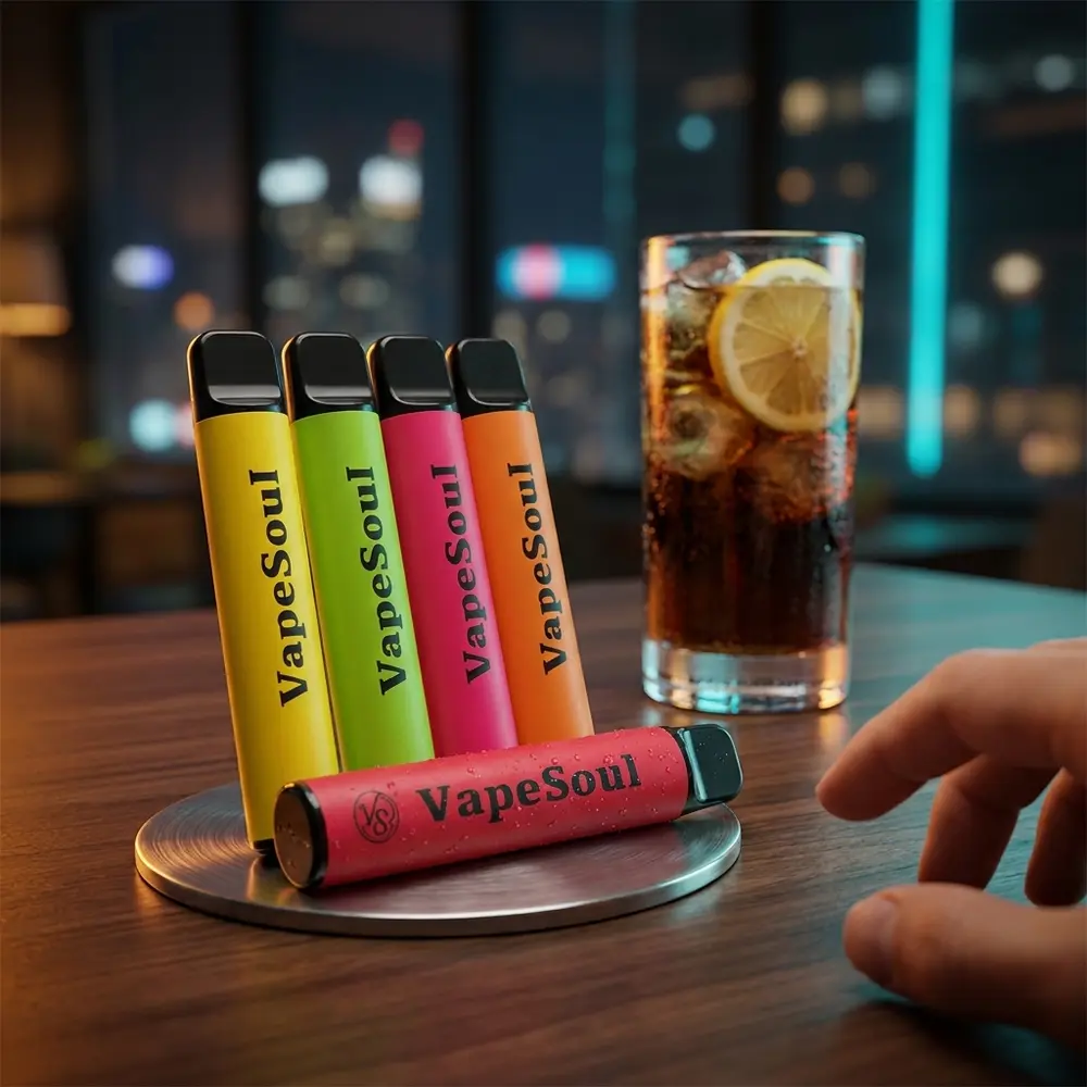 Pod descartavel Vapesoul Cola Lemon apoiado em coaster metalico num lounge urbano com copo de cola e limao - Vapor Gringo