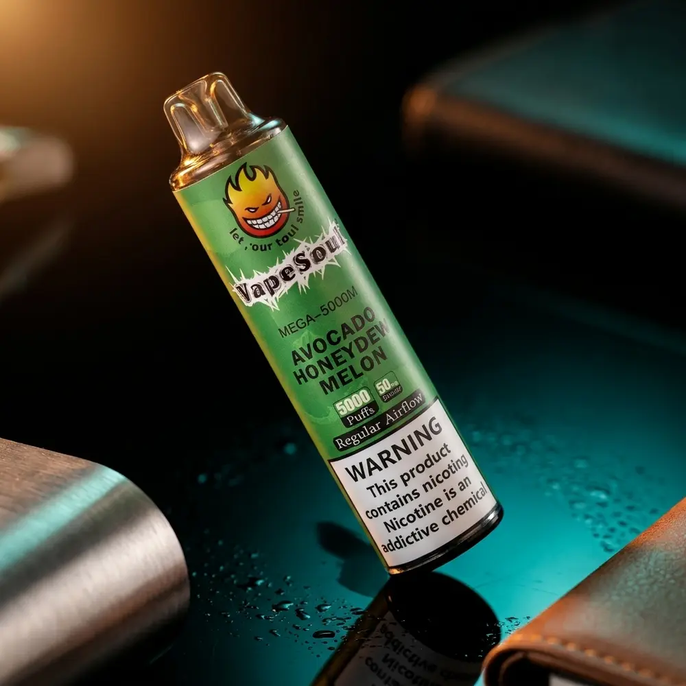 Pod descartavel Vapesoul Mega 5000 Avocado Honeydew Melon sobre acrilico preto com luzes amber e teal - Vapor Gringo