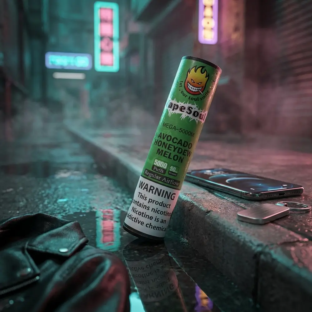 Vapesoul Mega 5000 apoiado em beiral molhado numa rua neon, reflexos, jaqueta e smartphone ao fundo - Vapor Gringo