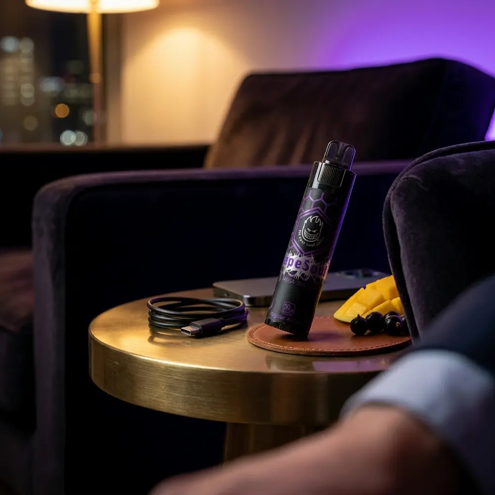 Vapesoul Mega 5000 sobre mesa de lounge luxuosa com sofá ao fundo, frutas e iluminação noturna ambiente - Vapor Gringo