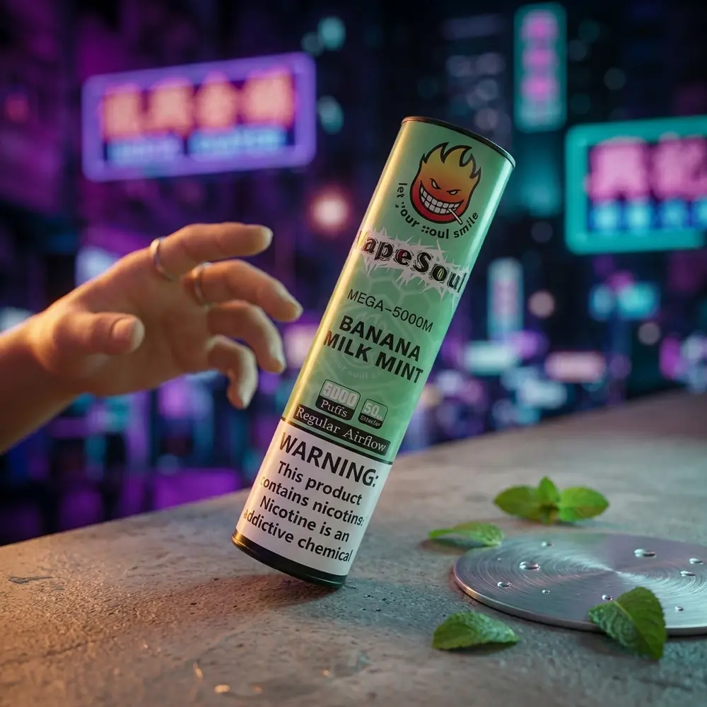 Pod Vapesoul Mega Banana Milk Mint em balcão urbano com luzes neon roxas e mão segurando o aparelho - Vapor Gringo