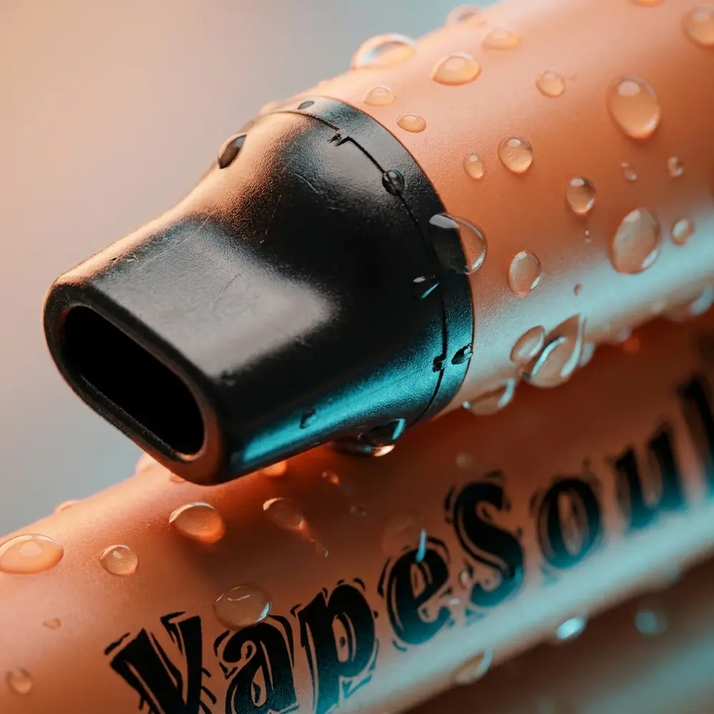 Detalhe macro do Vapesoul Peach Ice mostrando rótulo, boca e gotículas de condensação sobre plástico - Vapor Gringo