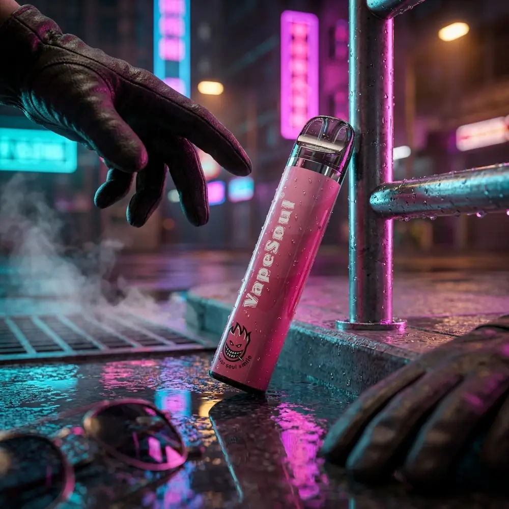 Pod Vapesoul Strawberry Ice 1500 puffs apoiado em parapeito urbano molhado com luzes neon rosa e azul ao fundo - Vapor Gringo