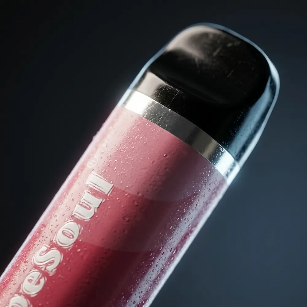 Close-up do bocal e do rótulo do Pod Vapesoul Strawberry Ice com gotas de condensação e reflexos metálicos - Vapor Gringo