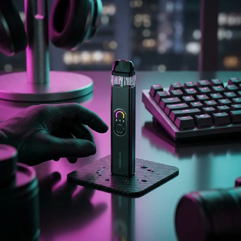 Vaporesso XROS 4 sobre mesa RGB de gaming, teclado desfocado e luzes neon magenta e azul ao fundo - Vapor Gringo