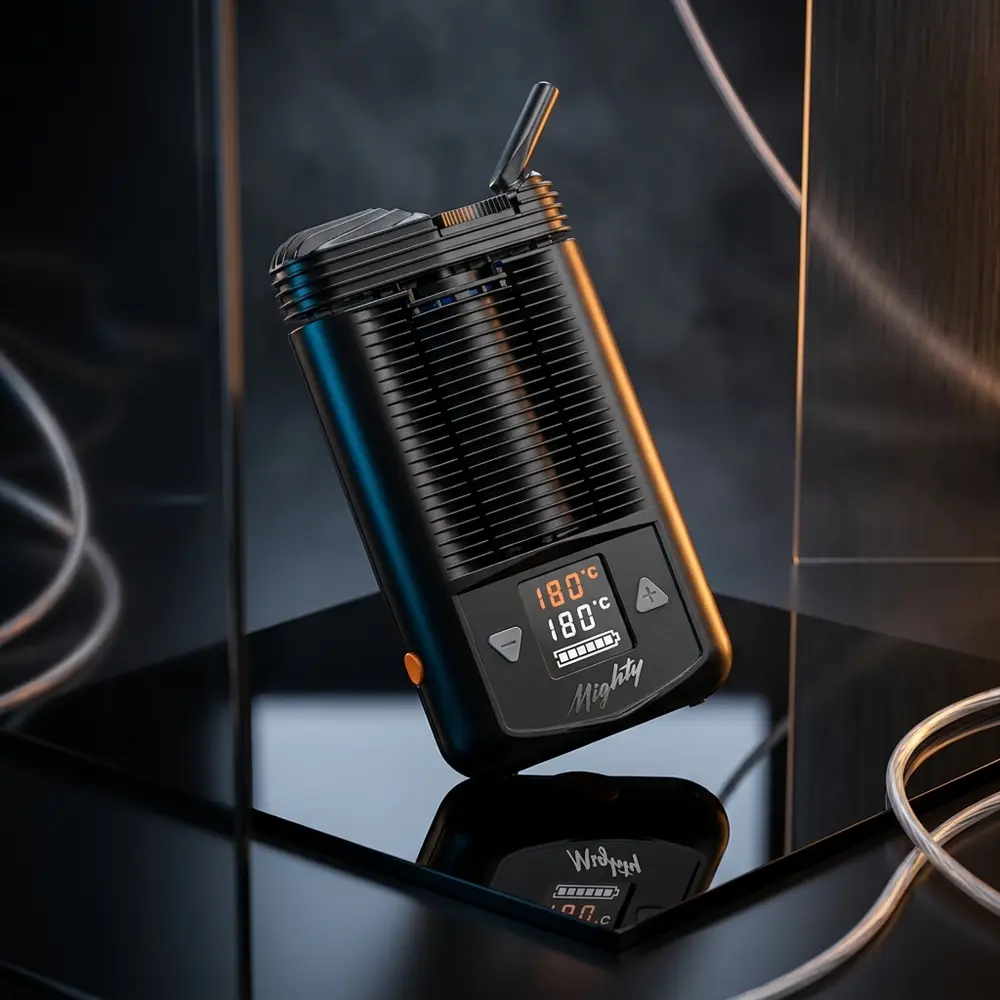 Vaporizador de Ervas Mighty Plus preto suspenso sobre placa acrílica com luzes quentes e frias e reflexos - Vapor Gringo