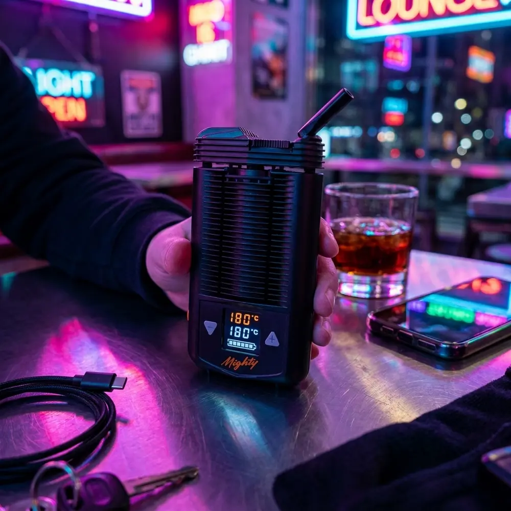 Vaporizador de Ervas Mighty Plus preto em cena urbana neon, repousando em mesa metálica com mão ao lado - Vapor Gringo