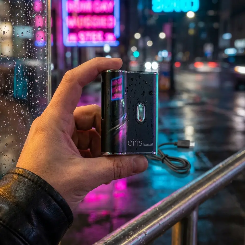 Vaporizador Mystica II na mao de um adulto sob luzes neon urbanas, reflexos na superfície e rua molhada ao fundo - Vapor Gringo