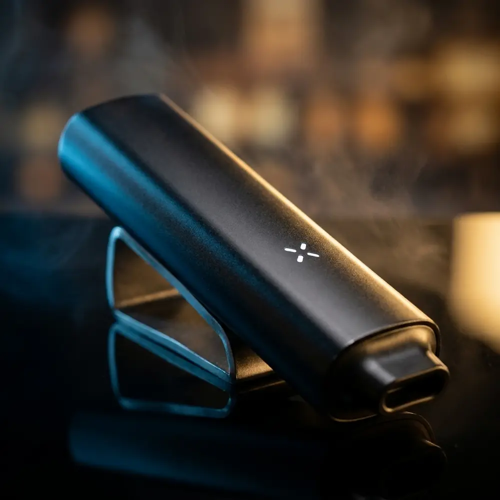 Vaporizador Pax 3 dourado sobre superficie acrilica preta reflexiva, luzes quentes e reflexos urbanos - Vapor Gringo