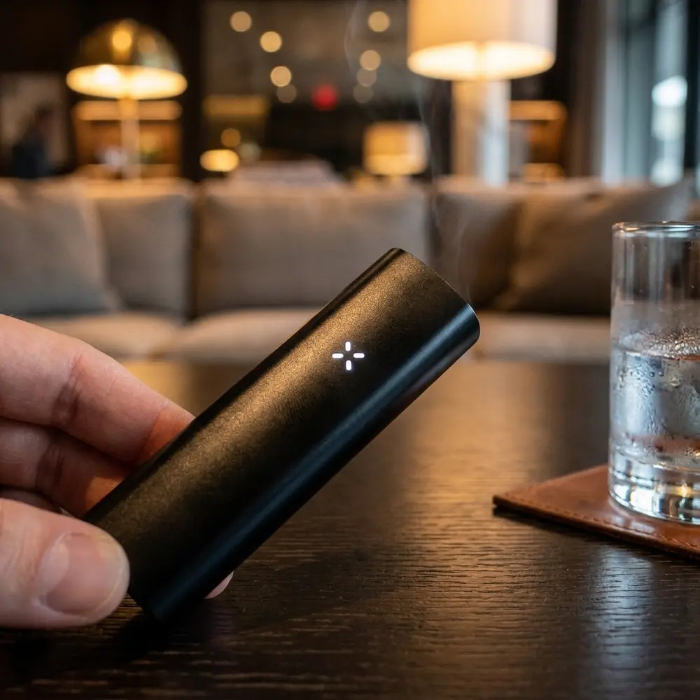 Vaporizador Pax 3 preto apoiado na mao sobre mesa de lounge de luxo, copo com condensacao ao lado - Vapor Gringo
