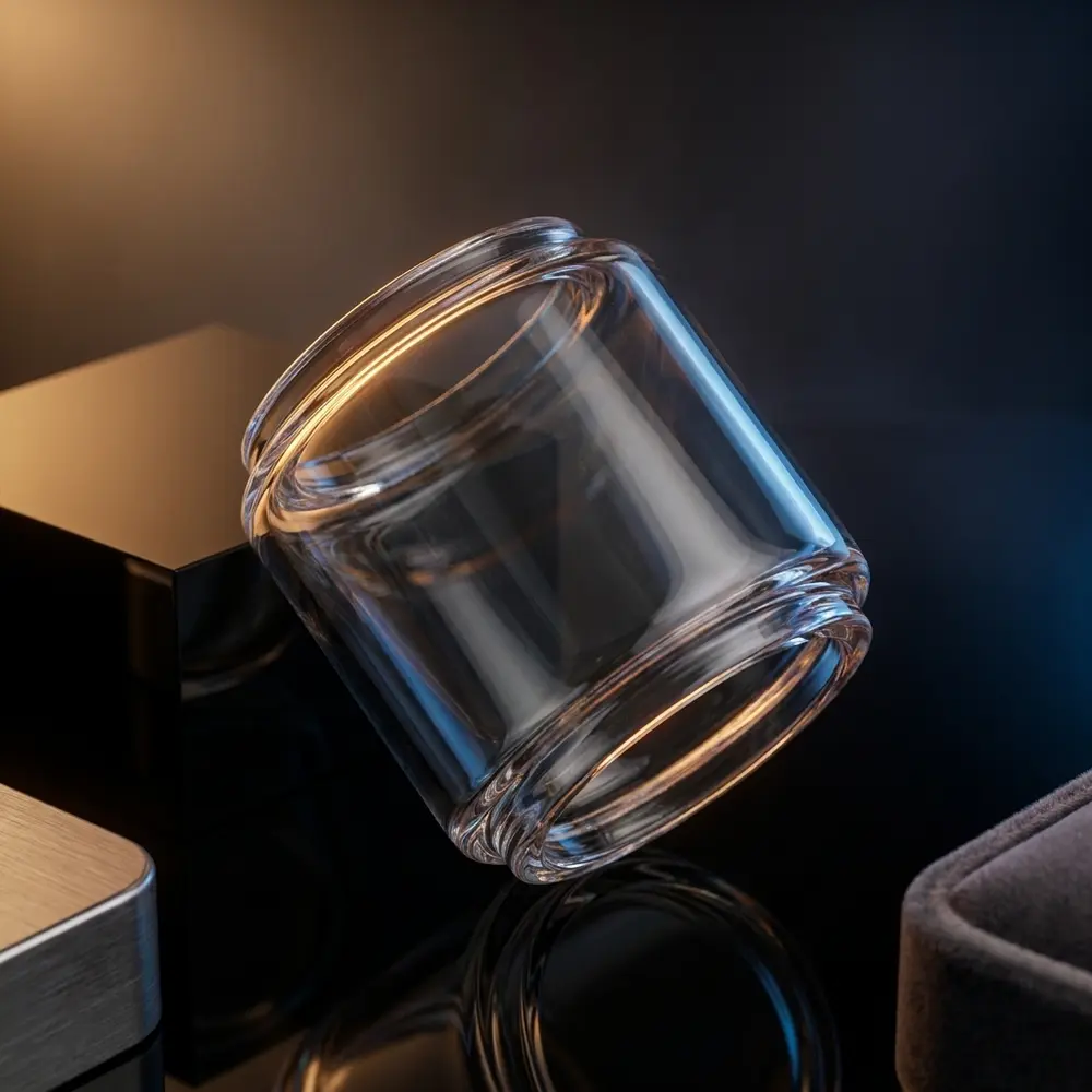 Vidro Bubble Blotto Mini RTA Dovpo sobre acrilico preto, com iluminacao ambar e reflexos premium - Vapor Gringo
