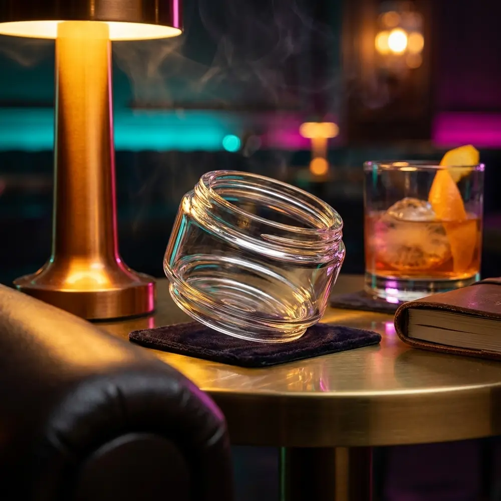 Vidro Bubble Blotto Mini RTA Dovpo sobre veludo em lounge de luxo, ao lado de copo e luzes ambientadas - Vapor Gringo