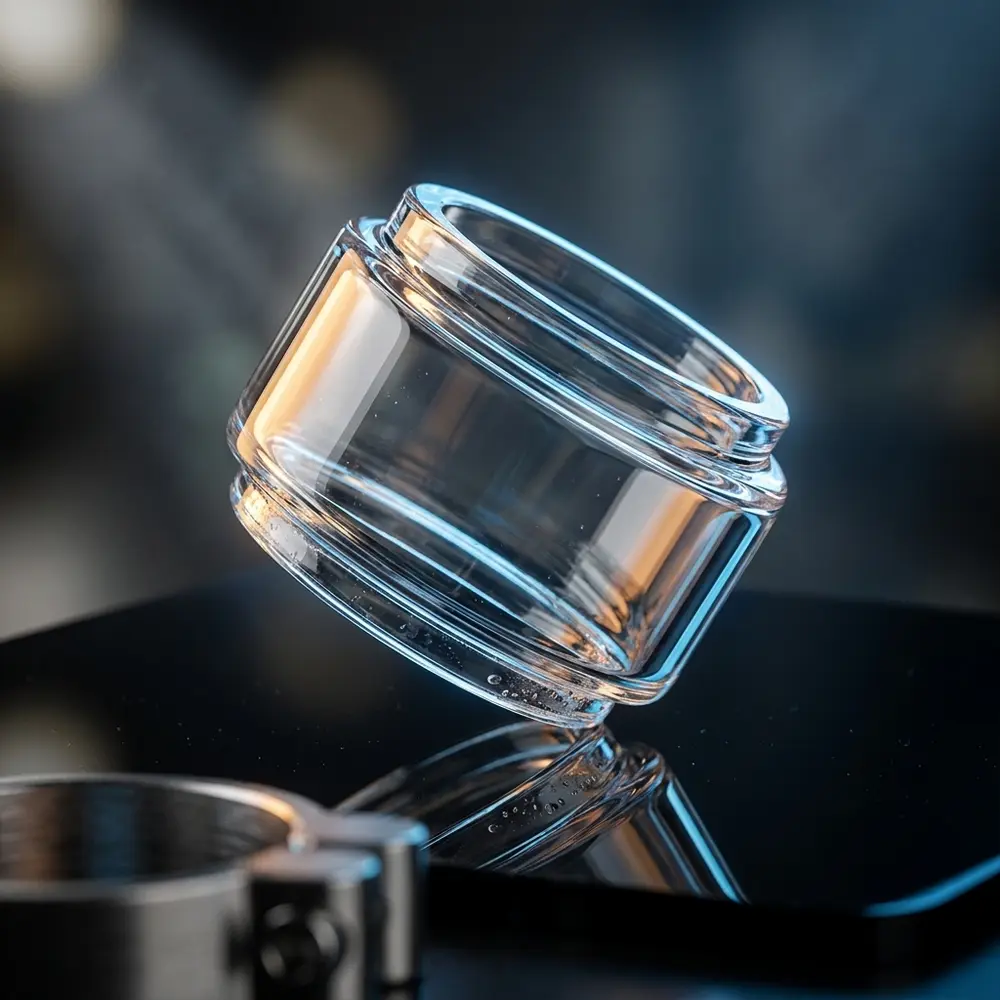 Vidro de reposicao Bubble para Tank Cerberus suspenso sobre acrilico preto com reflexos e luzes dramaticas - Vapor Gringo