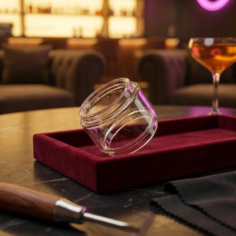Vidro de reposicao Bubble para Tank Cerberus apoiado em bandeja de veludo sobre marmore escuro, ambiente lounge - Vapor Gringo