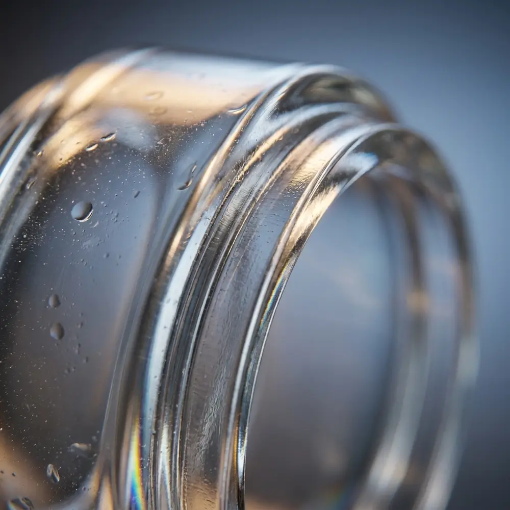 Detalhe do vidro Bubble para Tank Cerberus mostrando borda, espessura, gotas e reflexos detalhados - Vapor Gringo