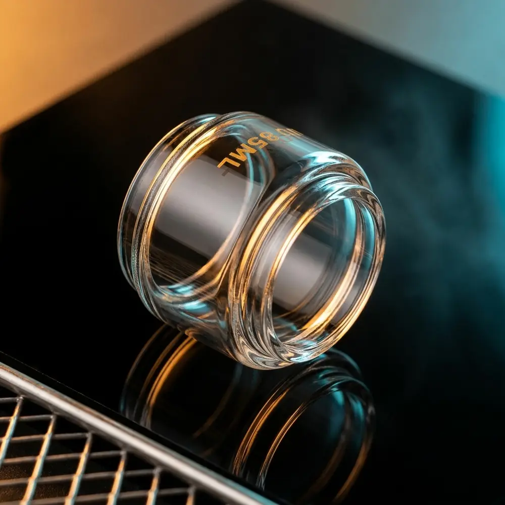 Vidro Bubble V9 Max 8.5ml da Smok sobre acrilico preto com reflexos quentes e contorno ciano - Vapor Gringo