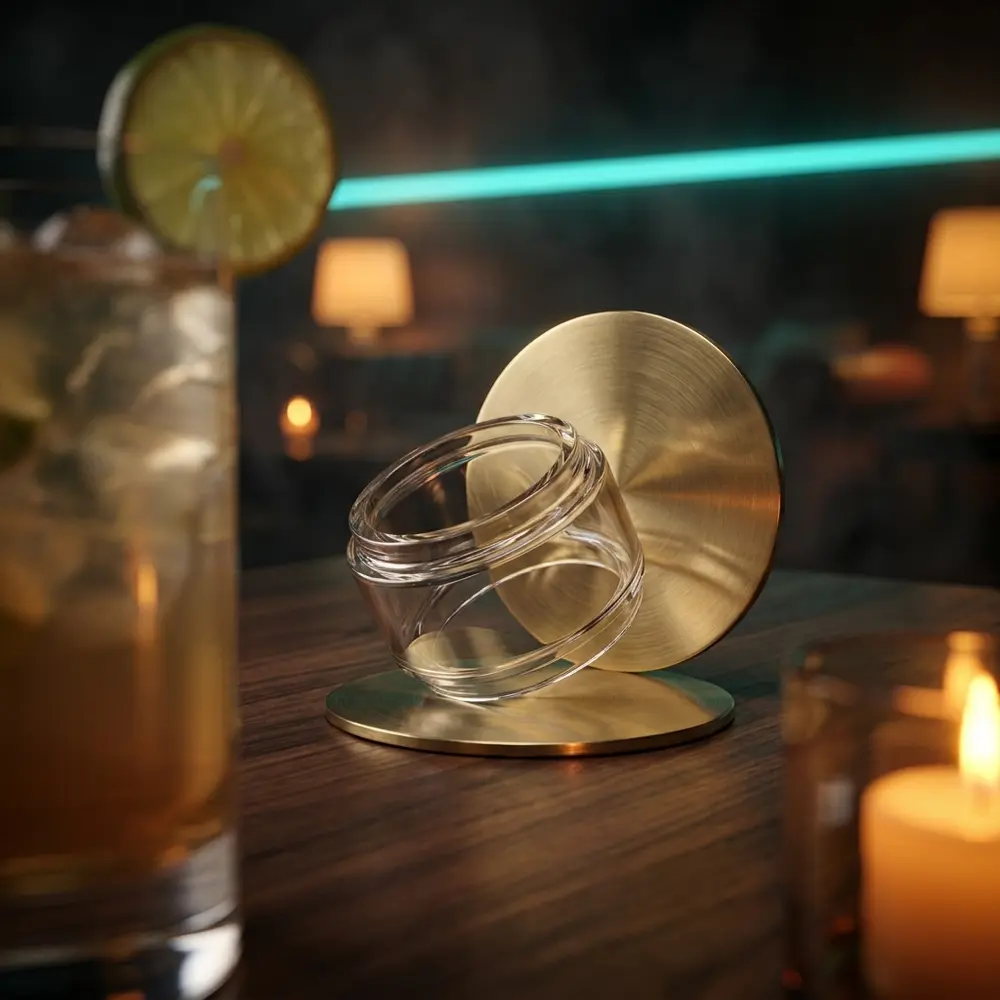 Vidro de reposicao bubble para Zeus X apoiado em lounge luxuoso com luz quente e neon difuso ao fundo - Vapor Gringo