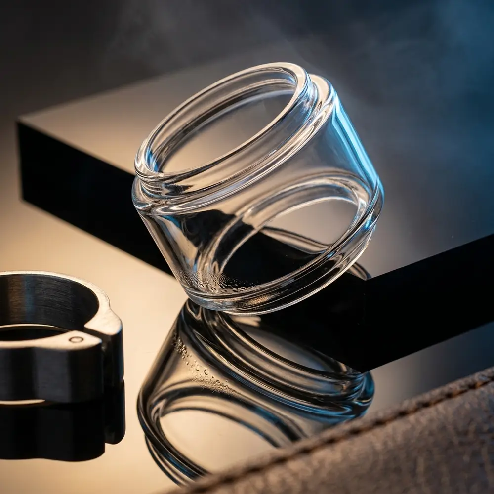 Vidro de reposicao Bubble Dawg inclinado sobre acrilico preto com iluminação azul e âmbar e reflexos marcantes - Vapor Gringo