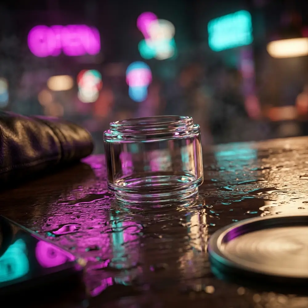 Vidro Bubble Dawg apoiado em mesa molhada em cena noturna com néon desfocado e jaqueta ao fundo - Vapor Gringo