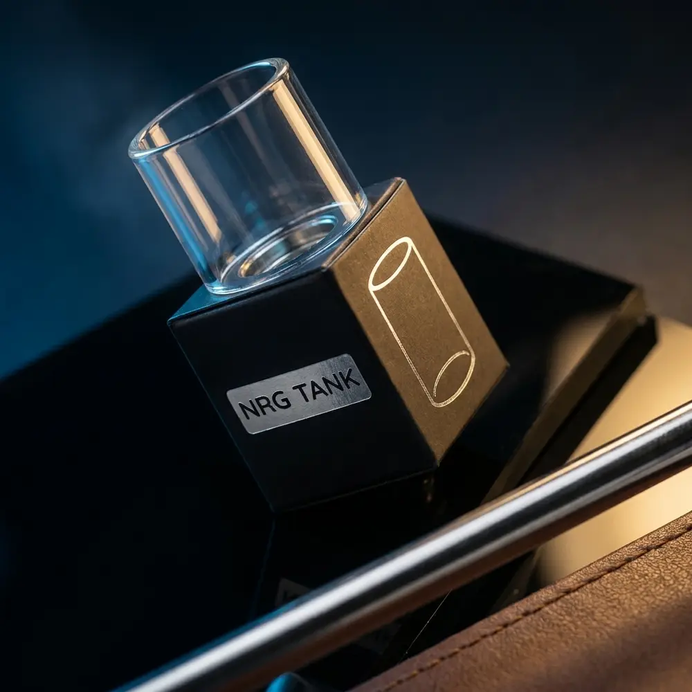 Vidro de Reposição NRG Reto 5ml Vaporesso sobre acrílico preto com iluminação dramática e reflexos - Vapor Gringo