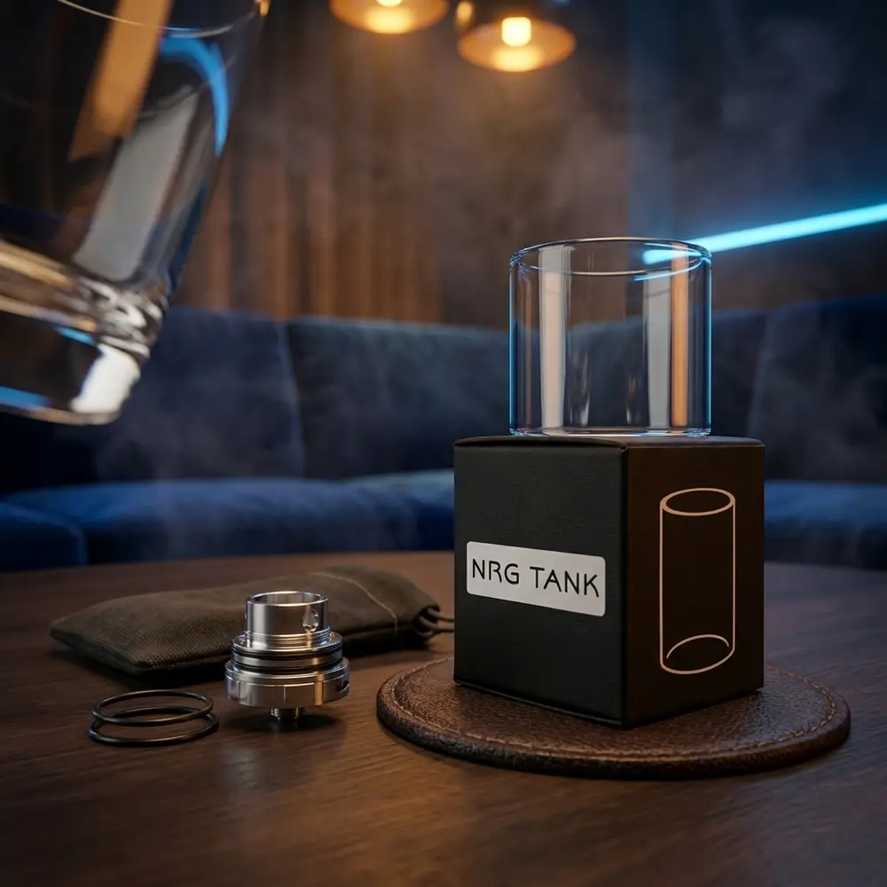 Vidro de Reposição NRG Reto 5ml ao lado de ferramentas sobre couro em ambiente lounge luxuoso - Vapor Gringo