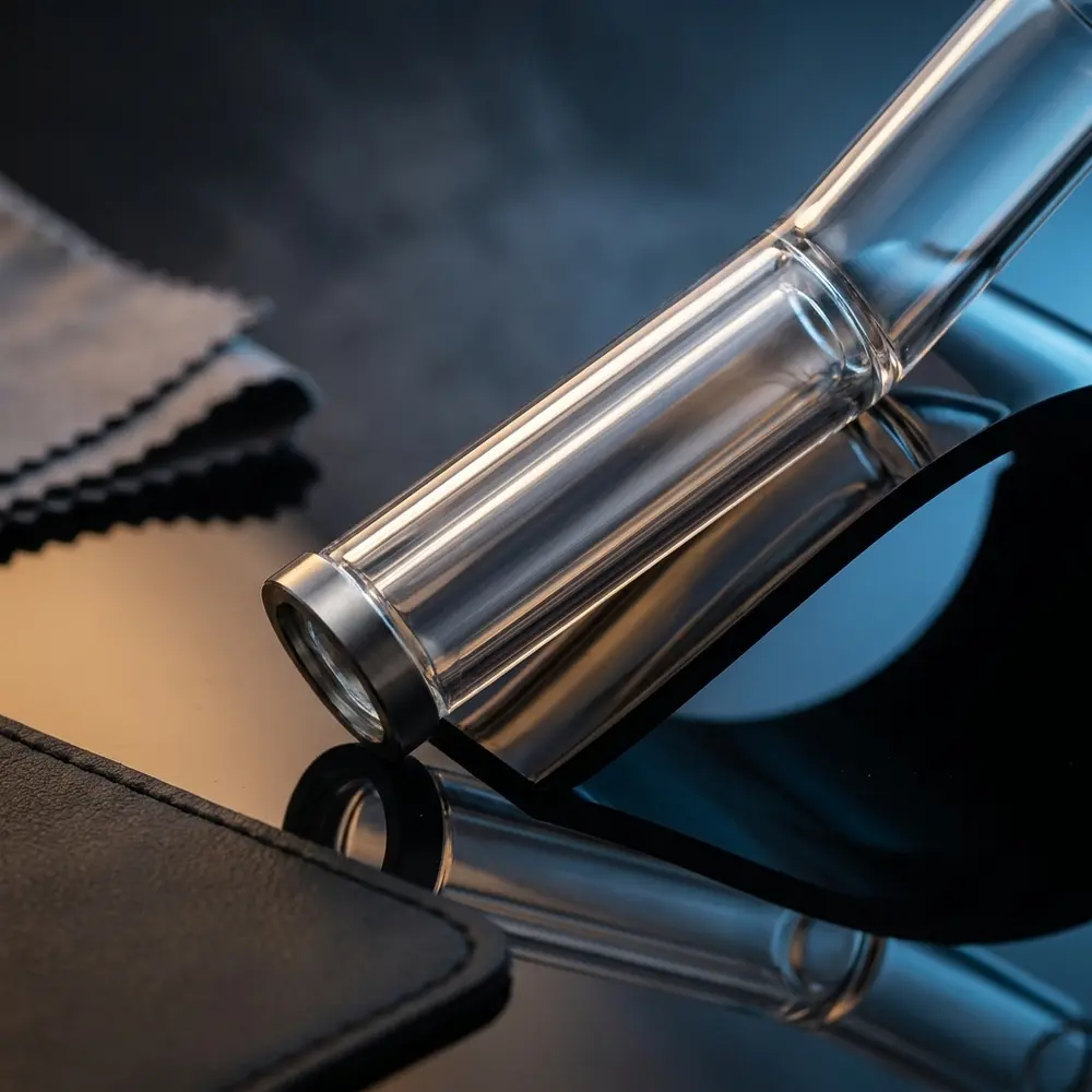 Vidro de reposição reto Dejavu RDTA 2ml apoiado em acrílico preto com luzes azul e âmbar - Vapor Gringo