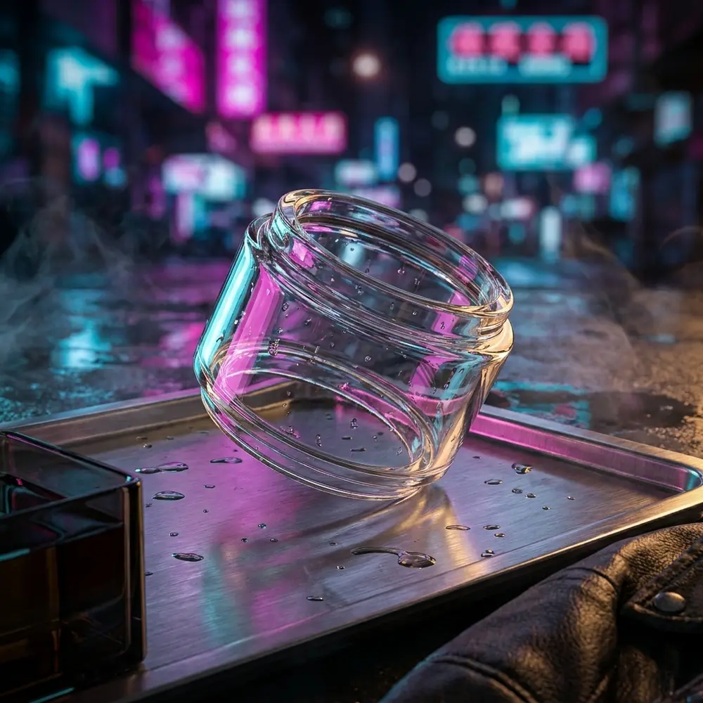 Vidro de reposição Bubble Drag Mini Voopoo apoiado em bandeja metálica num lounge noturno com luzes neon e reflexos - Vapor Gringo