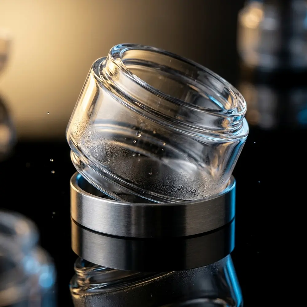 Vidro de reposicao Bubble Nexmesh OFRF sobre base acrilica preta com iluminacao dourada e azul em close - Vapor Gringo