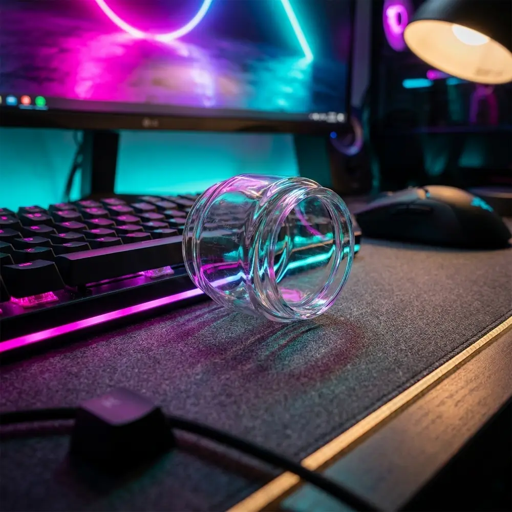 Vidro de reposição Bubble 4ml Smok apoiado em mesa gamer RGB, teclado iluminado ao fundo e reflexos coloridos - Vapor Gringo