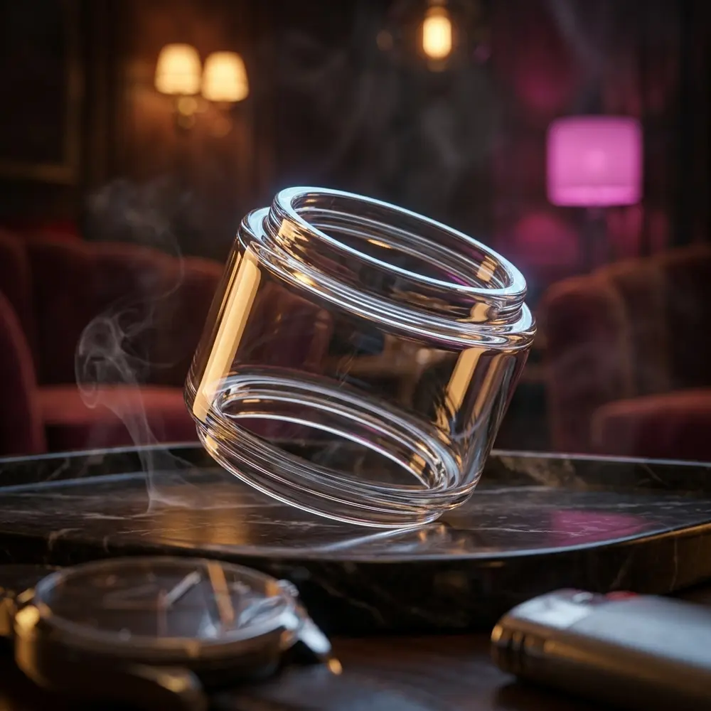 Vidro de reposicao Bubble Voluna 2 apoiado em bandeja de marmore, ambiente de lounge urbano com luzes quentes e fundo desfocado - Vapor Gringo
