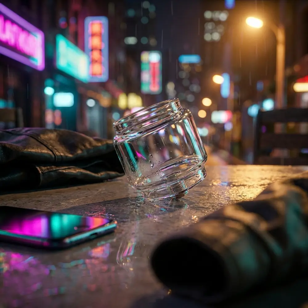 Vidro de reposição IJust 3 Bubble 6.5ml em mesa urbana molhada com luzes neon ao fundo - Vapor Gringo