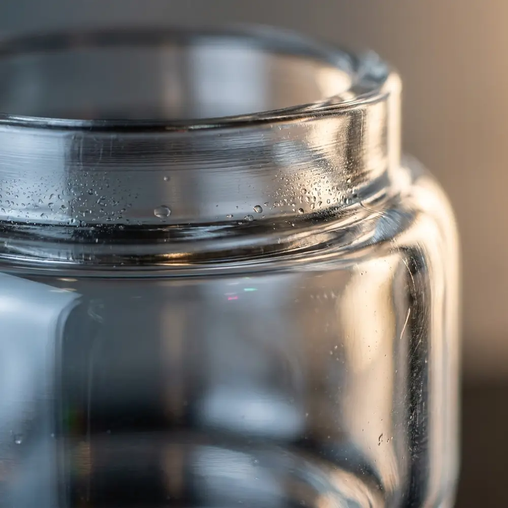 Detalhe macro do vidro IJust 3 Bubble 6.5ml com gotas, borda do vidro e reflexos nítidos - Vapor Gringo