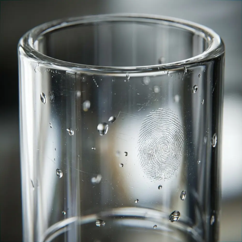 Detalhe macro do vidro Pyrex NRG SE com gotas, borda e gravação visíveis, reflexos e textura realista - Vapor Gringo