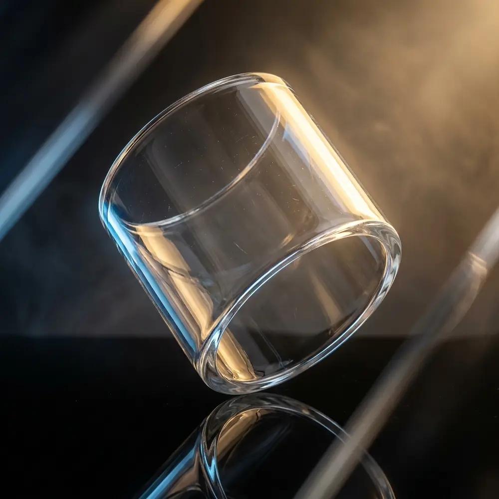 Vidro de reposicao Profile M RTA suspenso sobre acrilico preto com reflexos e iluminacao dourada e azul - Vapor Gringo