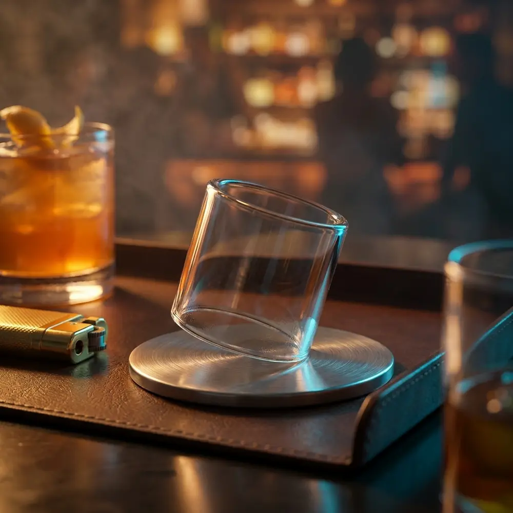 Vidro de reposicao Profile M RTA apoiado em coaster metalico sobre bandeja de couro num lounge com coquetel ao fundo - Vapor Gringo