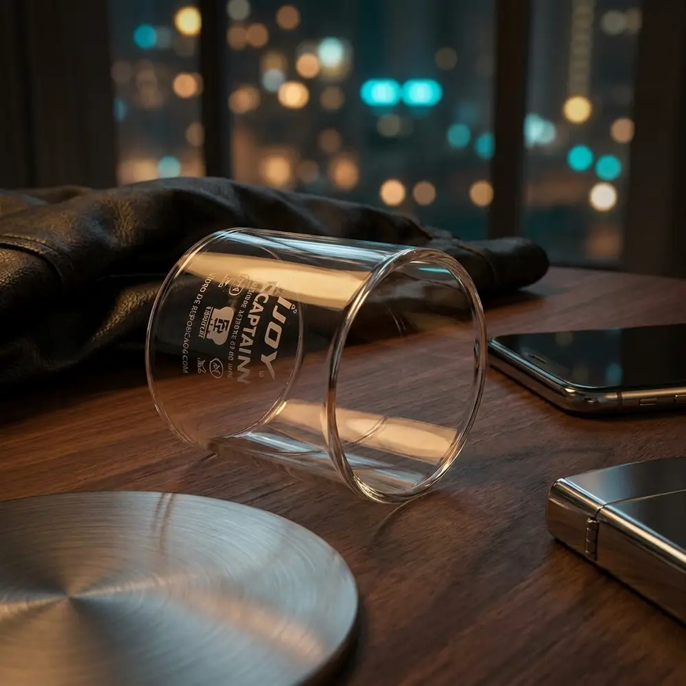 Vidro de reposicao reto 6ml Captain Ijoy apoiado em mesa de lounge urbano com bokeh da cidade e objetos de estilo - Vapor Gringo