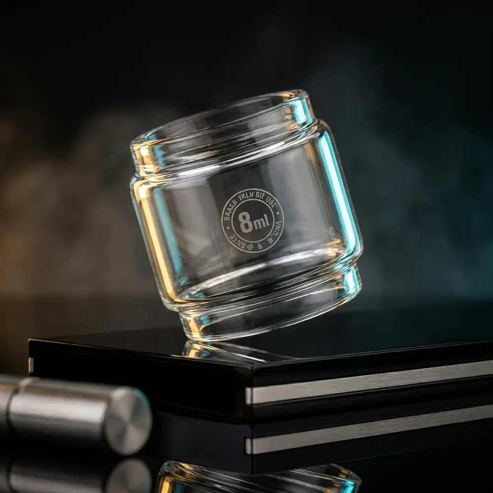 Tubo de vidro de reposição Sky Solo Plus 8ml sobre acrílico preto brilhante, luzes douradas e ciano e reflexos - Vapor Gringo