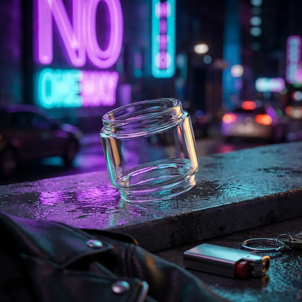 Tubo de vidro Sky Solo Plus 8ml apoiado em beiral molhado com reflexos neon roxo e ciano, jaqueta ao fundo - Vapor Gringo