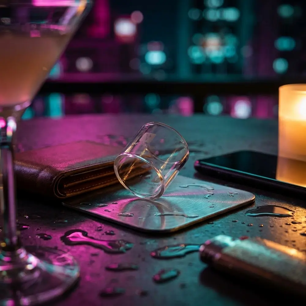 Vidro reposicao Veco Solo Plus 4ml em mesa molhada com reflexos neon e cidade desfocada ao fundo - Vapor Gringo