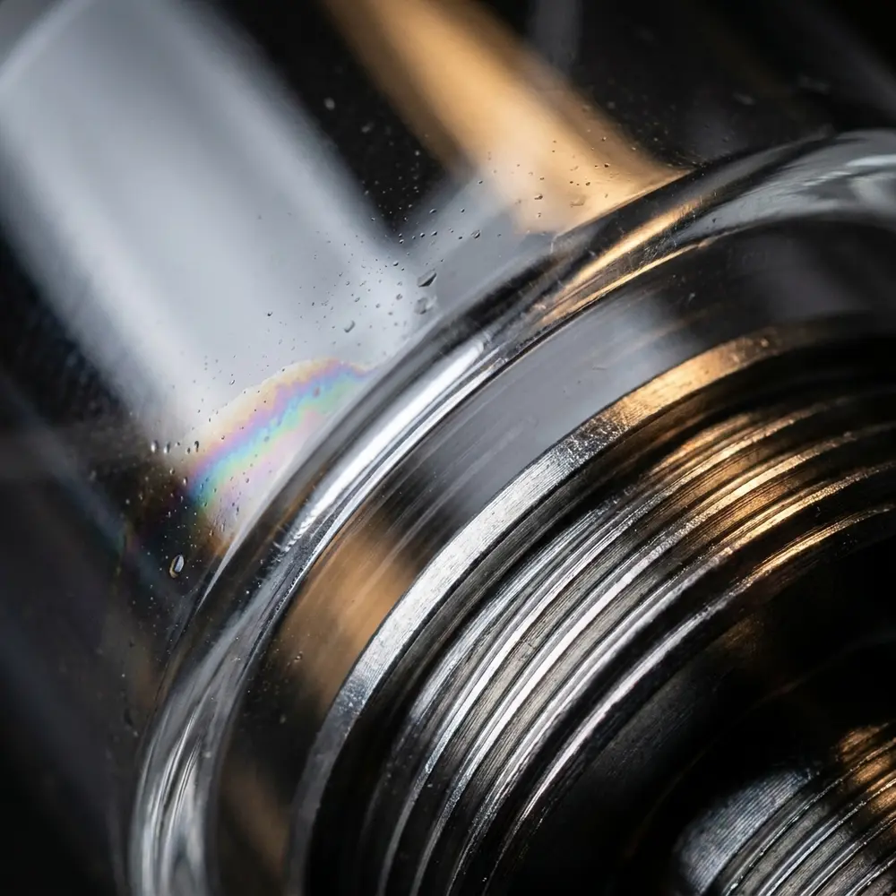 Close-up do vidro reposicao Veco Solo Plus 4ml mostrando textura, transparencia e reflexos metalicos - Vapor Gringo
