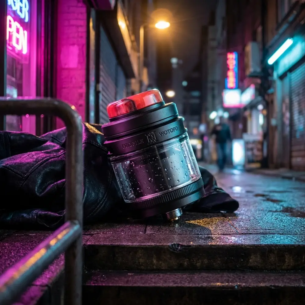 Atomizador Wotofo Profile M RTA encostado em degrau molhado com reflexos neon magenta e ciano, cena urbana - Vapor Gringo