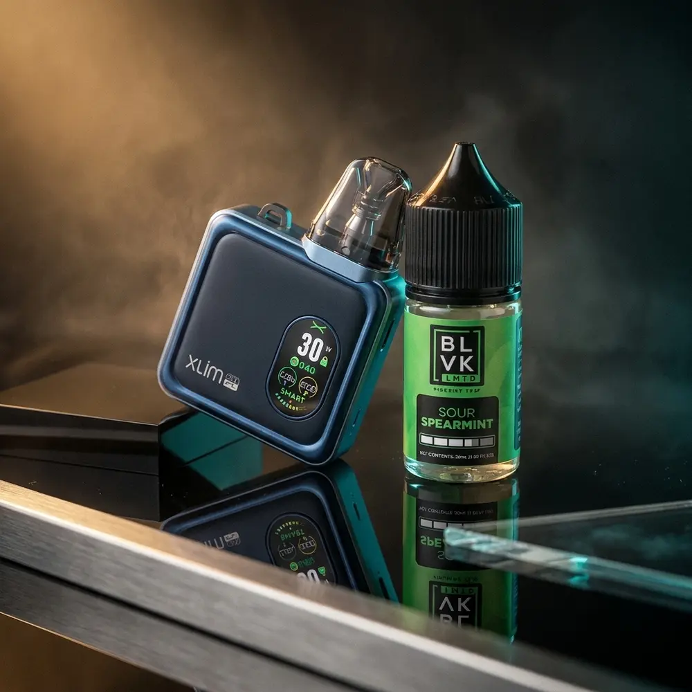 Kit Xlim SQ Pro com juice BLVK Sour Spearmint sobre base acrilica preta, iluminação dramática e reflexos - Vapor Gringo