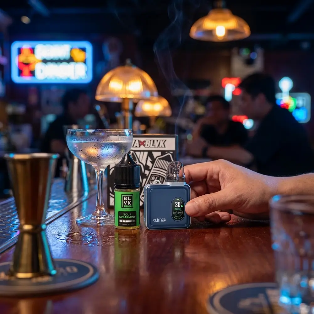 Kit Xlim SQ Pro e BLVK Sour Spearmint em balcão de bar noturno, mão segurando o aparelho e luzes neon ao fundo - Vapor Gringo