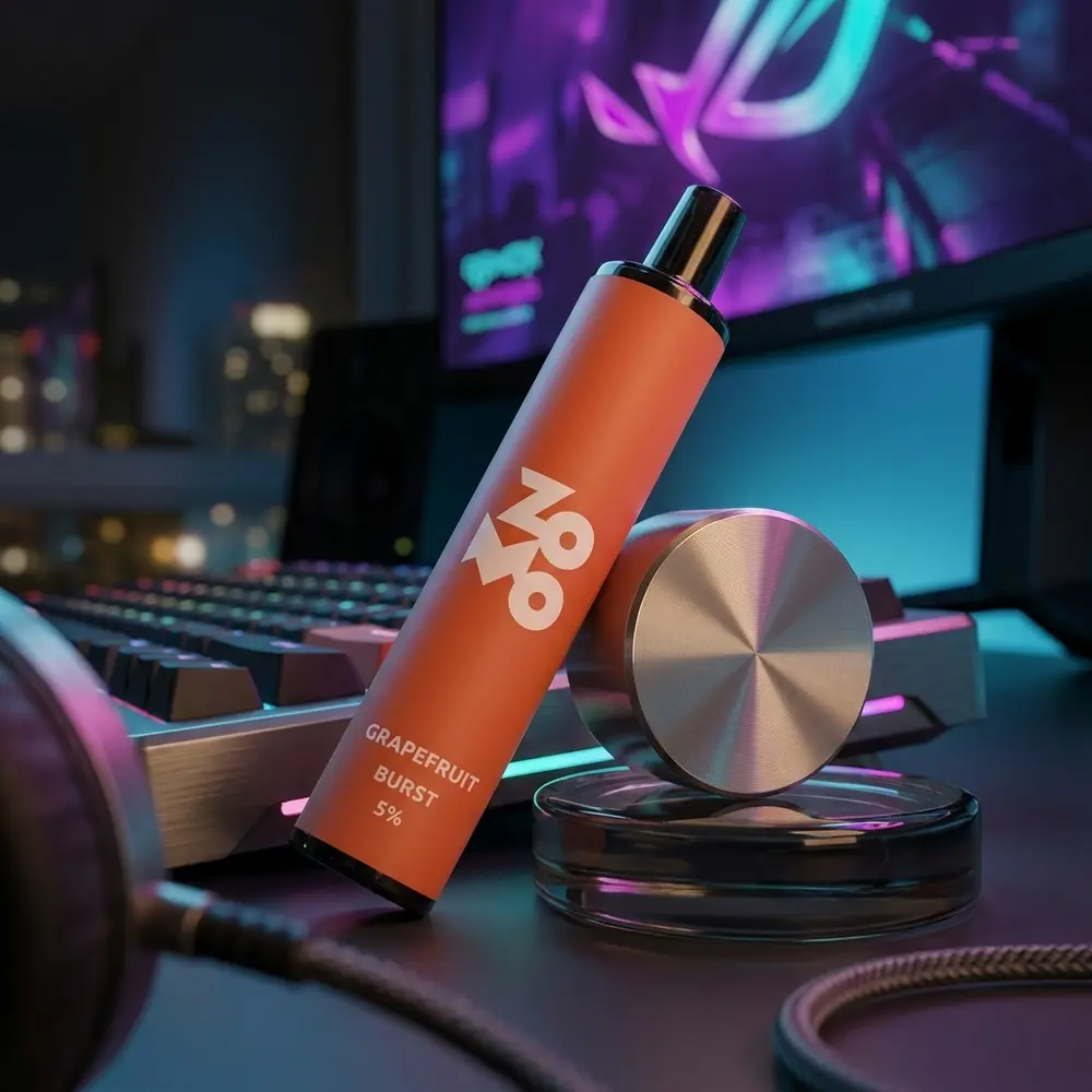 Pod Zomo Flow Grapefruit Burst apoiado em setup gamer urbano com teclado mecânico e fundo bokeh - Vapor Gringo