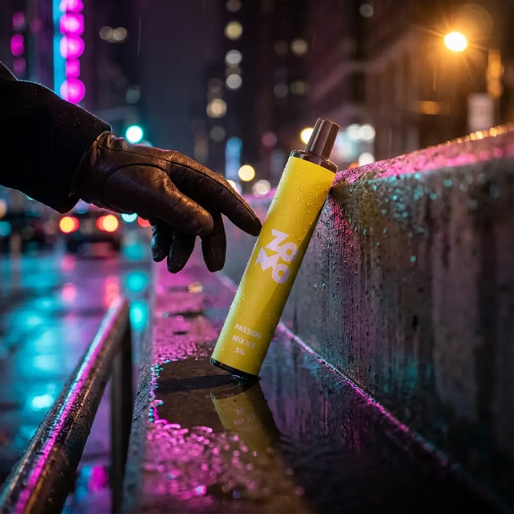 Pod descartável Zomo Flow Passion Mix Ice apoiado em borda molhada na rua com reflexos neon e bokeh urbano - Vapor Gringo