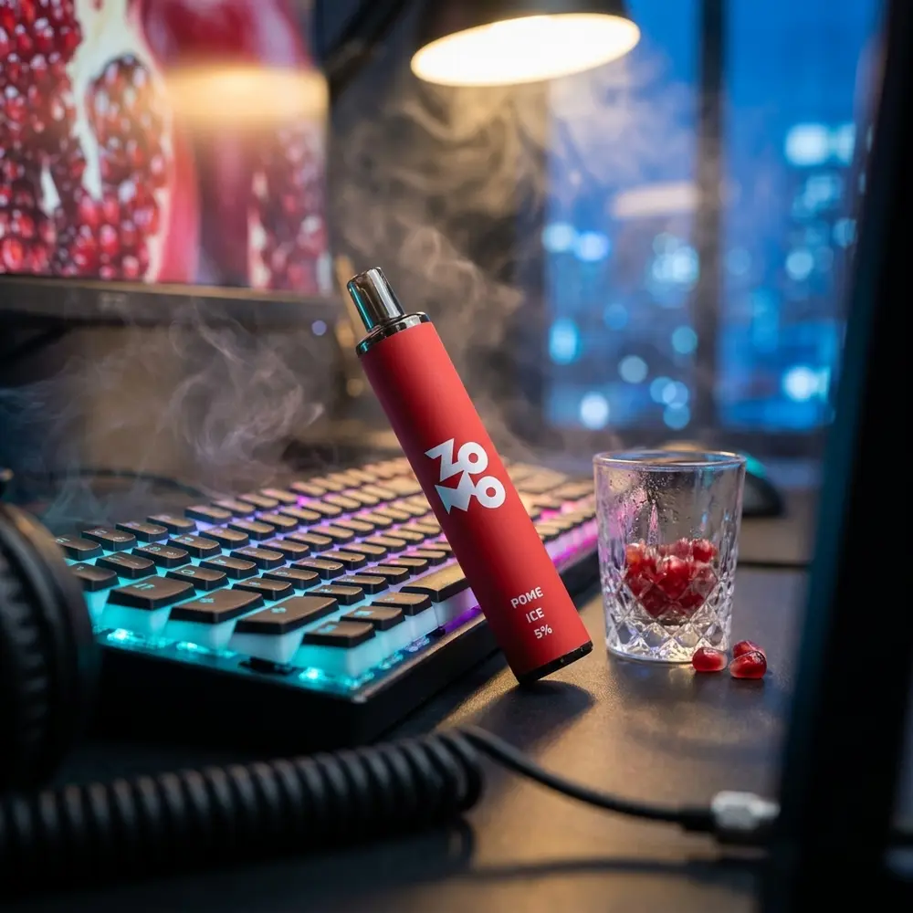 Pod Zomo Flow Pome Ice apoiado num teclado mecânico RGB num desktop urbano com copo condensado e luzes neon - Vapor Gringo