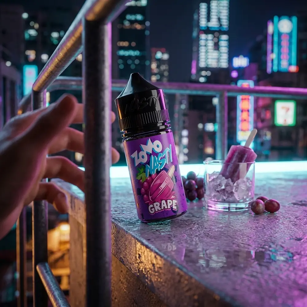 Garrafa Zomo Nasty Salt Grape Picolé em balcão molhado de rooftop com luzes neon da cidade ao fundo - Vapor Gringo