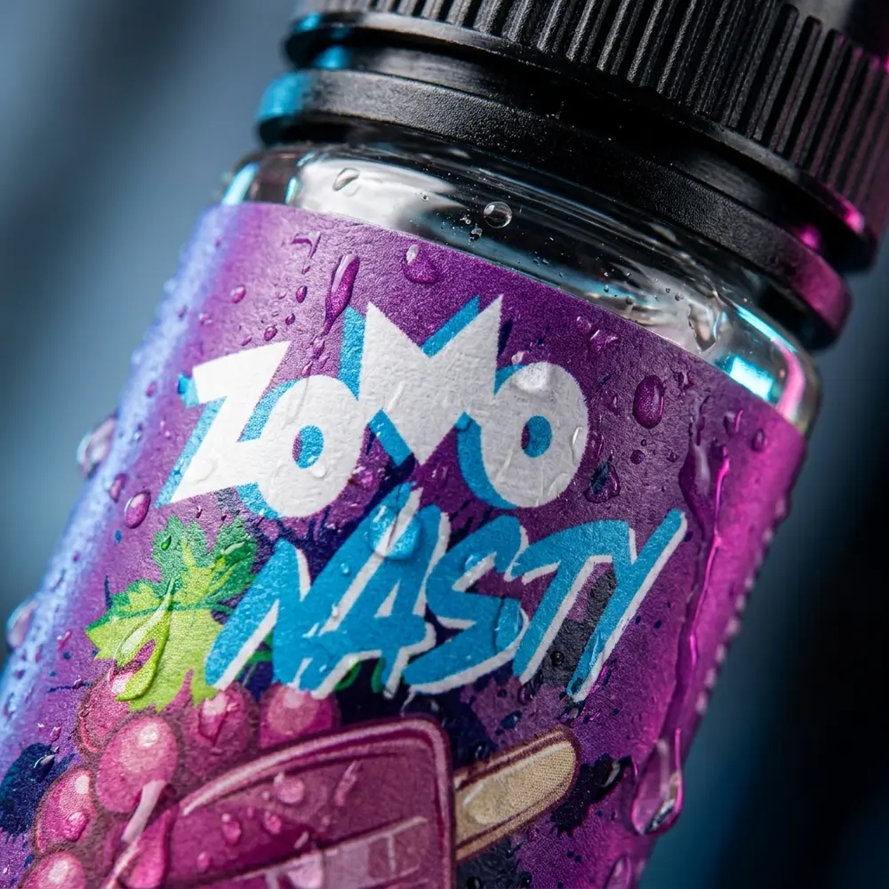 Close-up do rótulo Zomo Nasty Salt Grape Picolé com gotas de condensação, textura do vidro e detalhe da tampa - Vapor Gringo